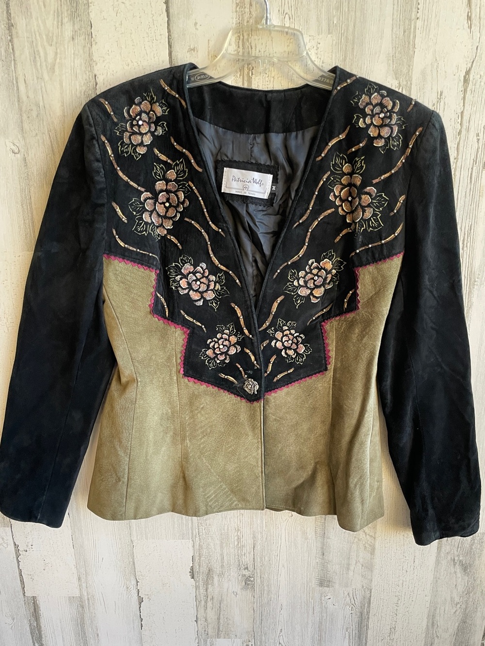 Patricia Wolf Texas Black & Olive Painted Floral Suede Blazer Studs Crystals MED
